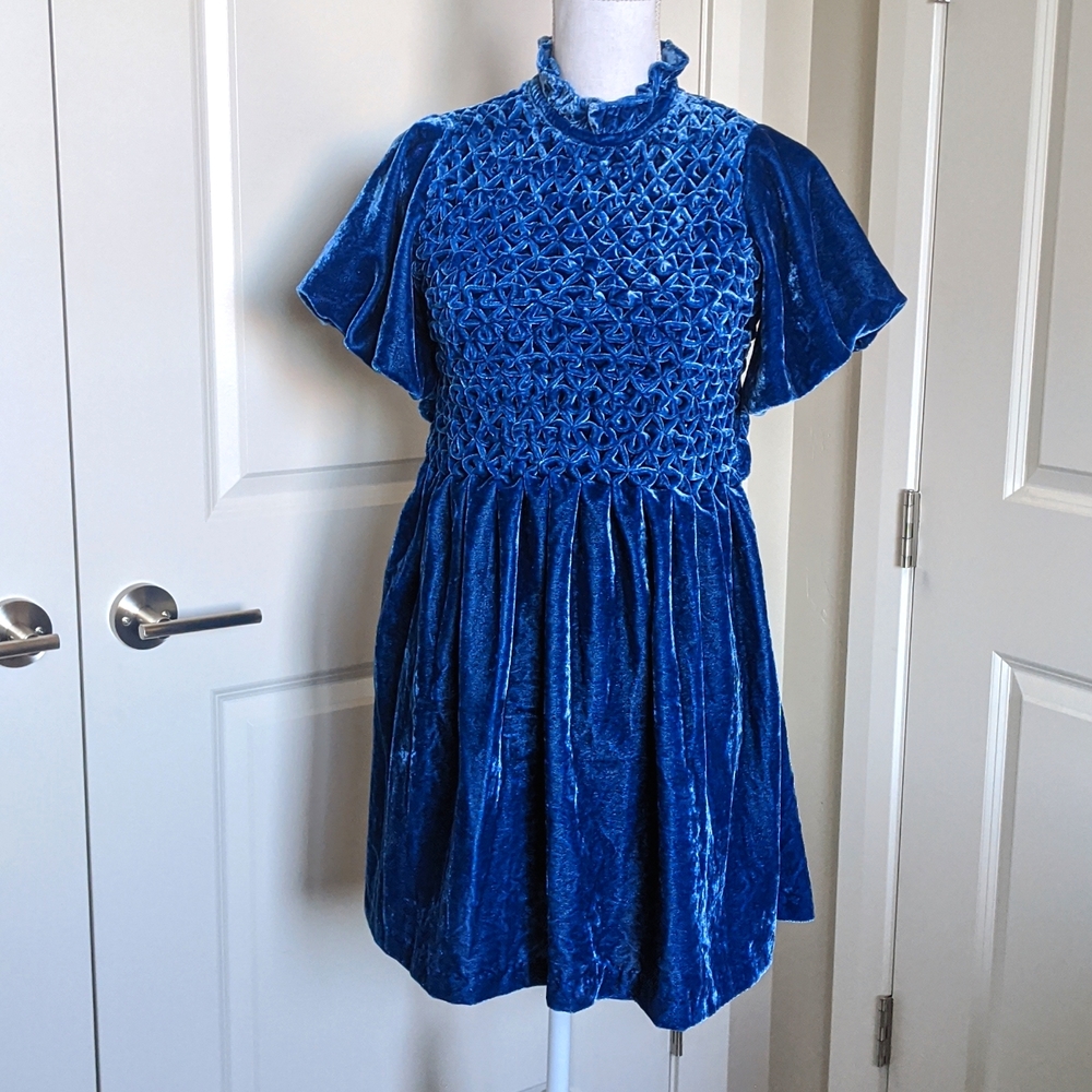Free People Gum Drop Mini Dress Velvet Babydoll Tunic Top Deep River Blue